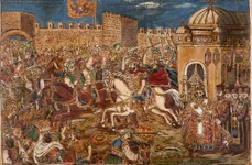 Împăratul Constantin Paleologul luptă împotriva turcilor care au pătruns în Constantinopol. Pictură de Theophilos Hatzimihail (© Wikimedia Commons)