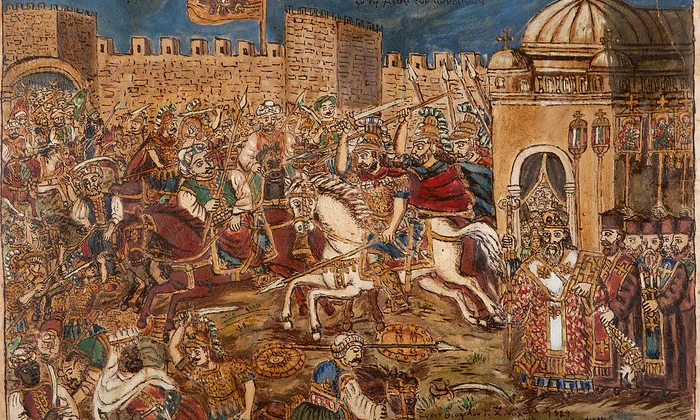 Împăratul Constantin Paleologul luptă împotriva turcilor care au pătruns în Constantinopol. Pictură de Theophilos Hatzimihail (© Wikimedia Commons)