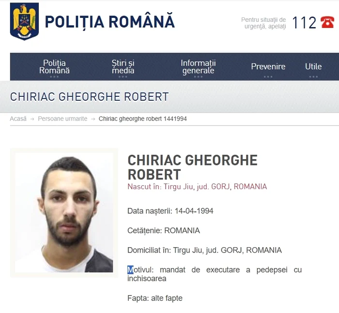 Robert Gheorge Chiriac a fost dat în urmărire națională Foto: IPJ Gorj