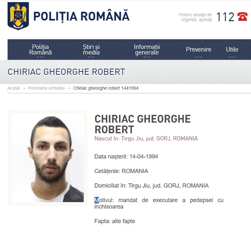 Robert Gheorge Chiriac a fost dat în urmărire națională Foto: IPJ Gorj