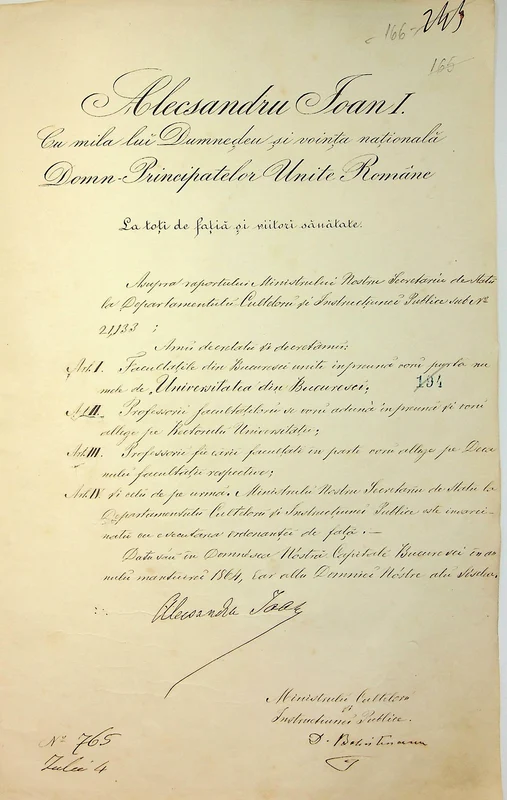 4 iulie 1864. Decret domnesc de înființare a Universității din București, cu semnătura domnitorului Alexandru Ioan Cuza (© ANR, Fond MCIP, dosar 122/1864, f. 166)