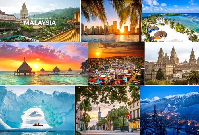 Colaj cu imagini din destinațiile de vis pentru o vacanță de iarnă memorabilă