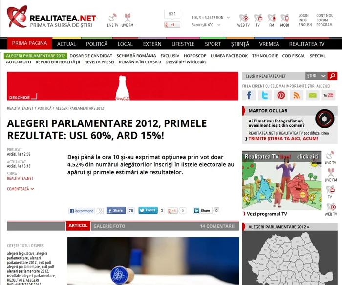 Site-urile televiziunilor Realitatea TV şi Antena 3 au afişat deja rezultatele