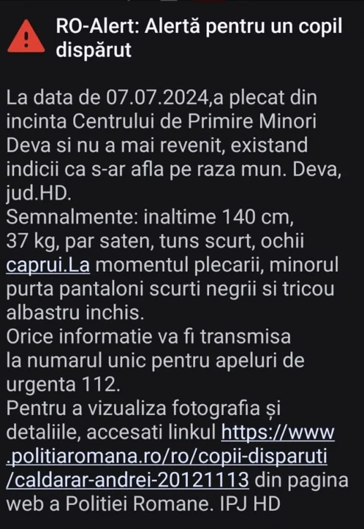 Mesaj RO-Alert minor dispărut