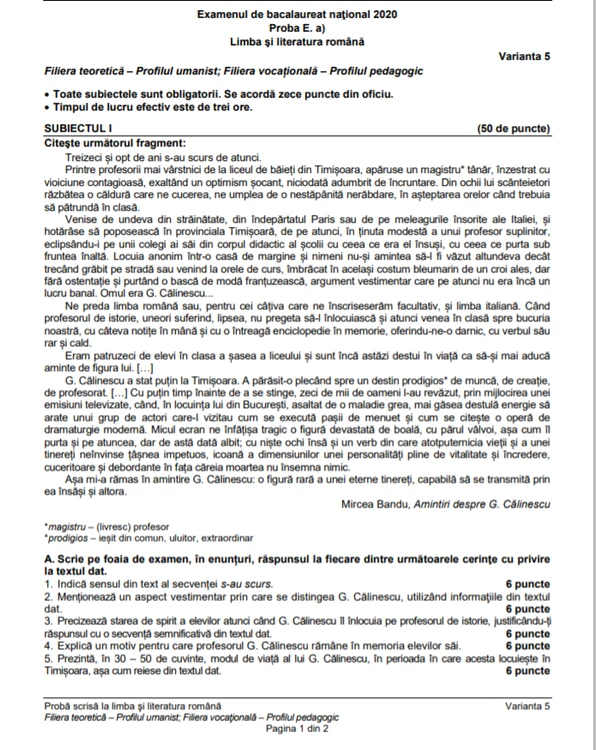 subiecte bac 2020 romana profil uman