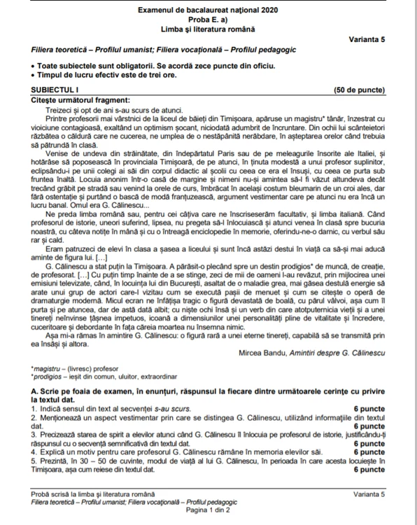 subiecte bac 2020 romana profil uman