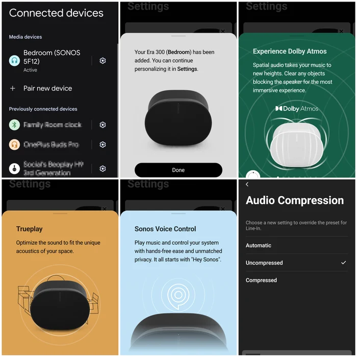Boxa Era 300 conectată și câteva opțiuni din aplicația Sonos.