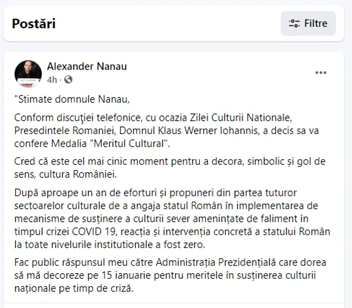 Alexander Nanau explică pe pagina sa de Facebook de ce refuză medalia