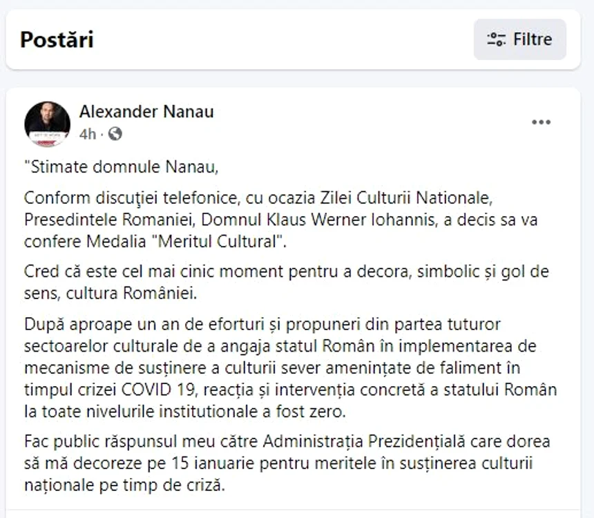Alexander Nanau explică pe pagina sa de Facebook de ce refuză medalia