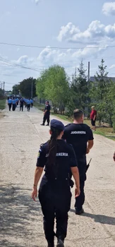 Zeci de jandarmi „perie” câmpurile din Crevedia, în urma exploziei. FOTO C.S
