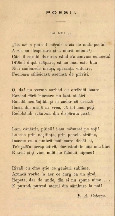 Poezia „La noi...” de P.A. Calescu, publicată în „Convorbiri literare” (© Biblioteca ANR)