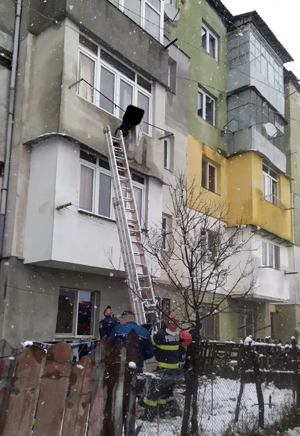 Captivă între sârmele de rufe de pe balconul vecinilor de la etajul doi în Avrig Foto ISU Sibiu