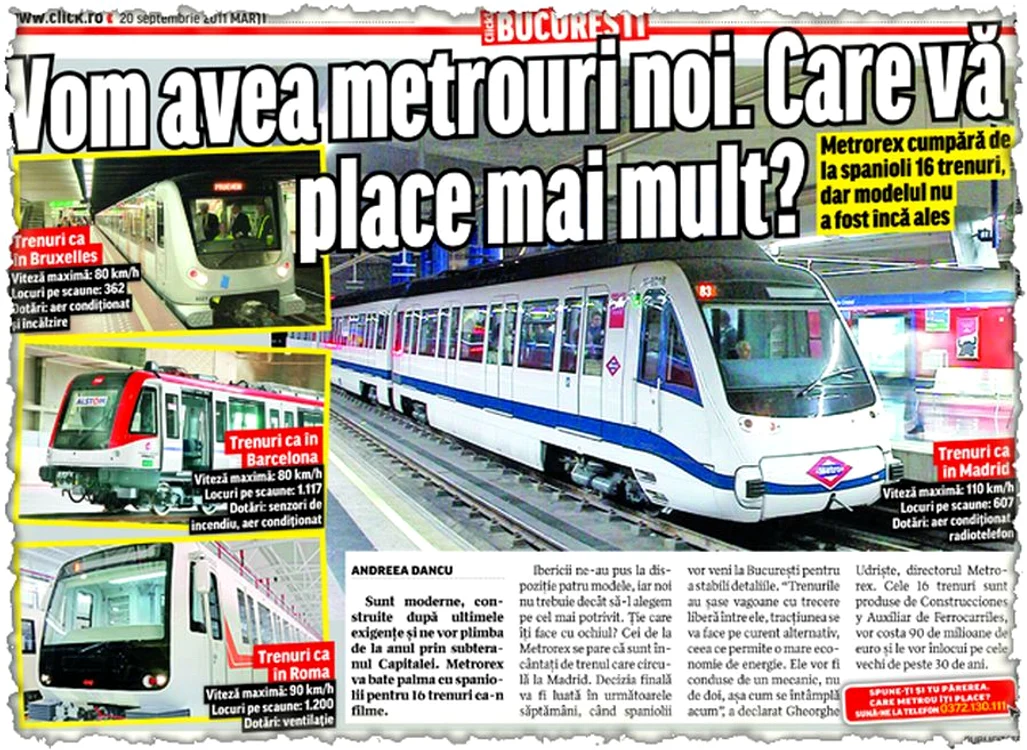 Click! v-a prezentat în ediţia din 20 septembrie 2011 cele patru tipuri de metrouri care puteau fi alese de Metrorex. Cel care circulă la Roma seamănă cel mai mult cu modelul prezentat de CAF