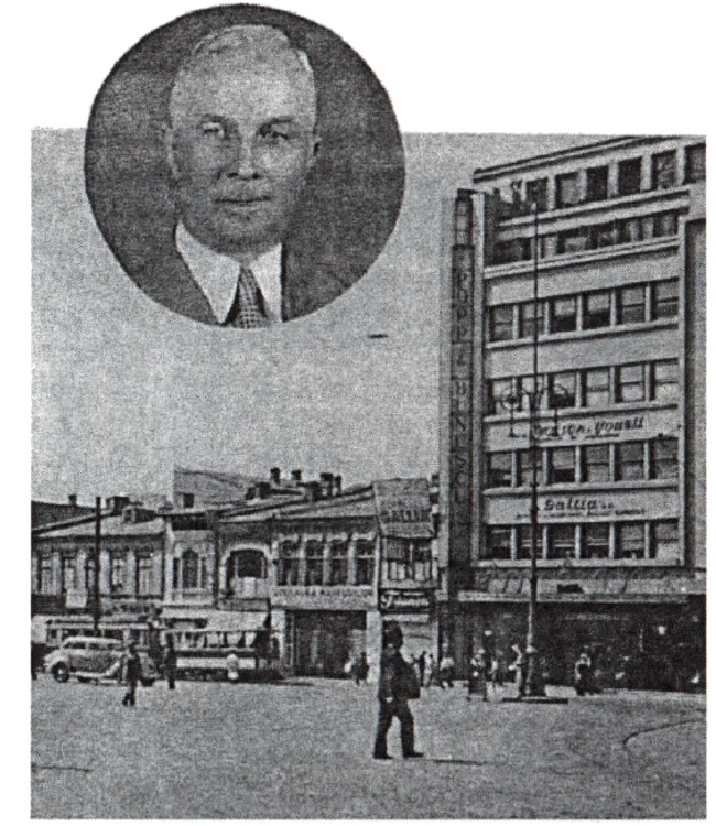 Bucur Bunescu (în medalion) și marea lui creație, Magazinul „Popp&amp;Bunescu”, rebotezat de comuniști „București”, așa cum apăreau în 1938, în presa vremii