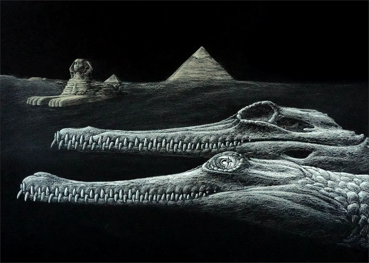 Herugavialis cairensis, reprezentat cu Marele Sfinx și piramidele din Giza în fundal. Reconstrucție artistică de Karim Zanaty