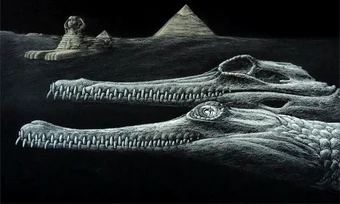 Herugavialis cairensis, reprezentat cu Marele Sfinx și piramidele din Giza în fundal. Reconstrucție artistică de Karim Zanaty