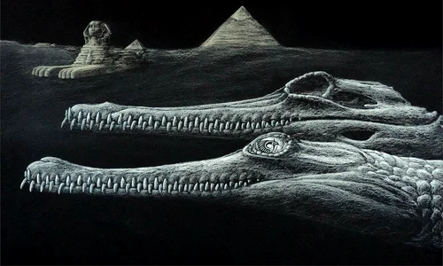 Herugavialis cairensis, reprezentat cu Marele Sfinx și piramidele din Giza în fundal. Reconstrucție artistică de Karim Zanaty