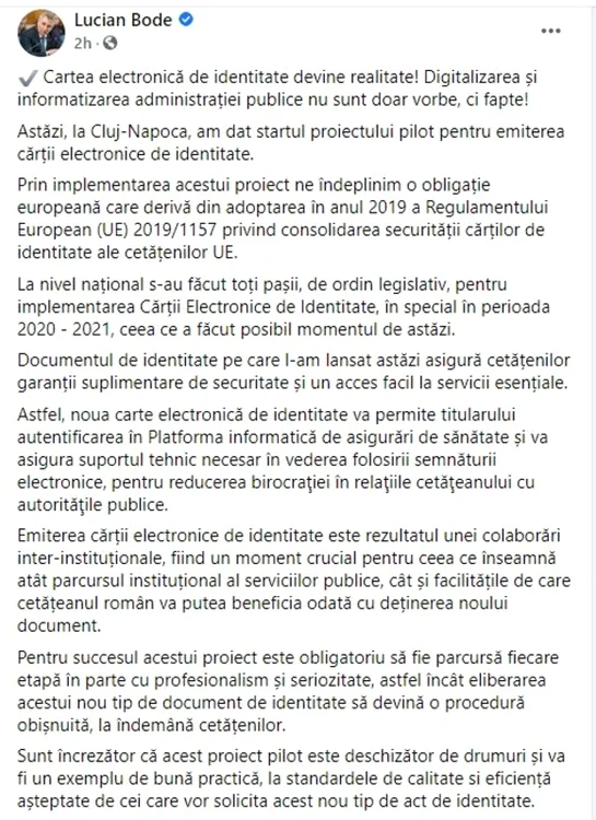 Lucian Bode a anunțat că noua carte de identitate va putea fi solicitată deocamdată doar la Cluj Napoca iar eliberarea sa se va efectua în termen de 10 zile Sursa foto: Facebook