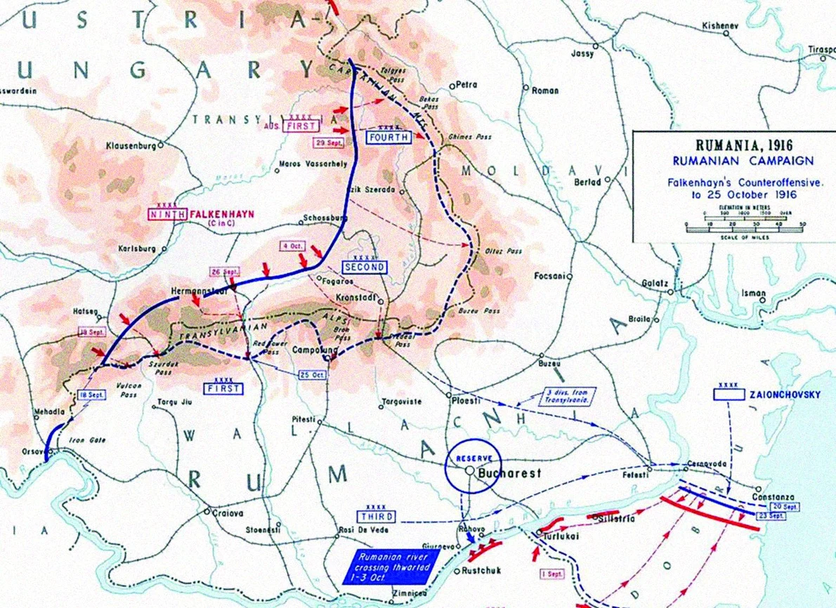Hartă cu situația frontului în România la 25 octombrie 1916