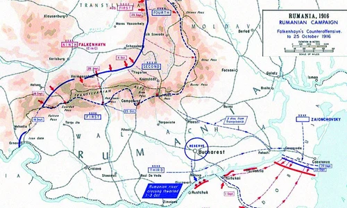 Hartă cu situația frontului în România la 25 octombrie 1916