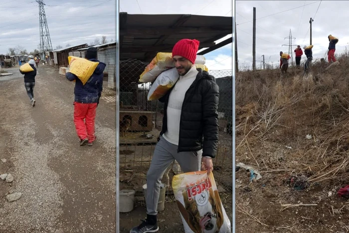 Voluntari de la Help Lăbuş cărând hrana animalelor cu cârca peste câmp FOTO Help Lăbuş
