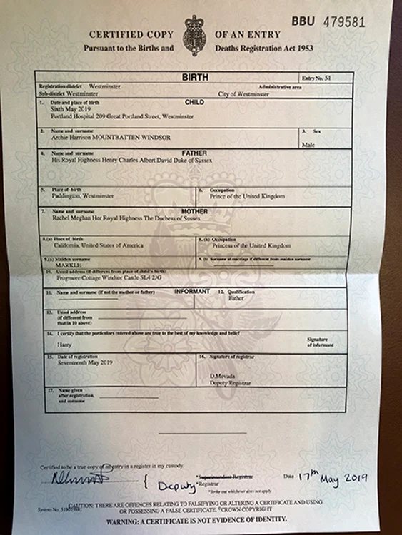 Cetificatul de naștere al lui Archie Harrison a clarificat multe nelămuriri