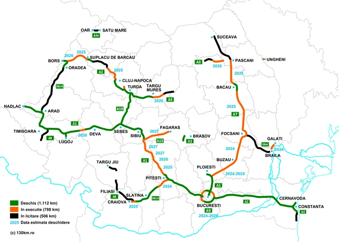 Harta Autostrăzilor din România. Sursa: 130km.ro