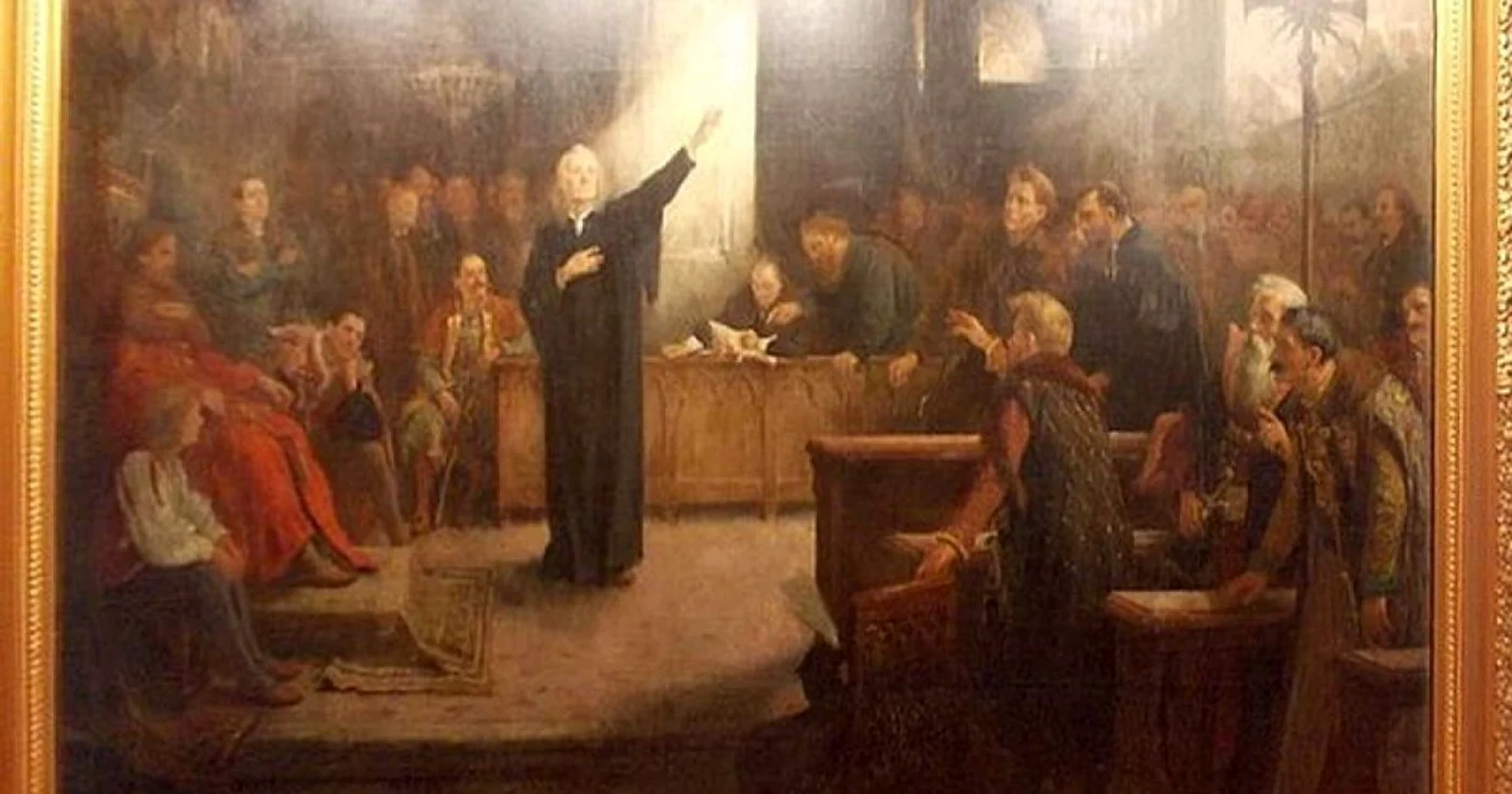 Teologul Francisc David, artizanul Edictului la Dieta de la Turda din 1568, portretizat în tabloul din 1898 a lui Aladár
Körösföi-Kriesch, de la Muzeul de Istorie din Turda
