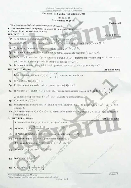 subiecte matematica stiintele naturii bac