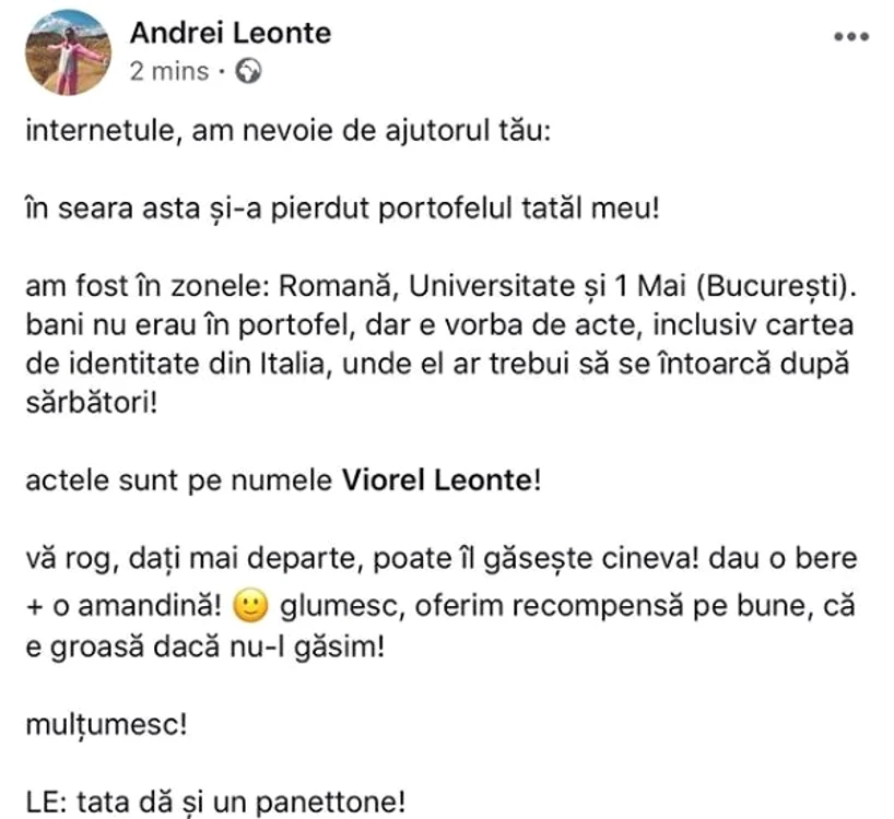 Andrei Leonte, apel pe internet pentru găsirea portofelului tatălui său 