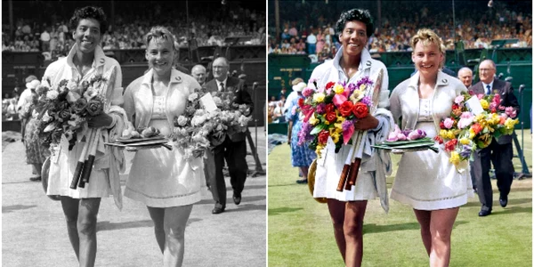 Fotografie alb negru Althea Gibson Darlene Hard colorizata de OPPO colaj