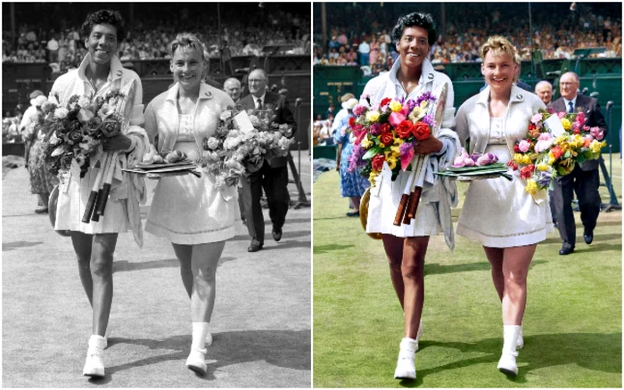 Fotografie alb negru cu Althea Gibson şi Darlene Hard colorizata de OPPO.