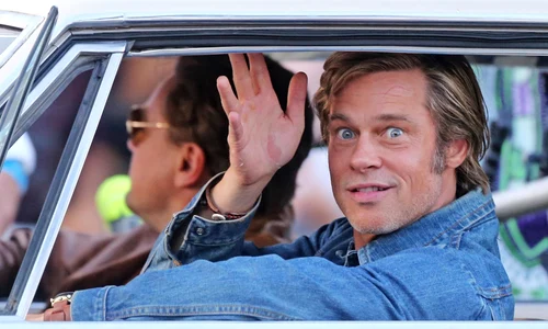 Brad Pitt and Leonardo DiCaprio back in their car on the set of 'Once Upon a Time in Hollywood' jpeg