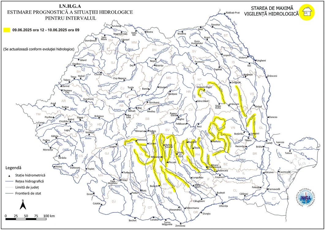 Bazinele hidrografice și râurile vizate de codul galben FOTO: INHGA