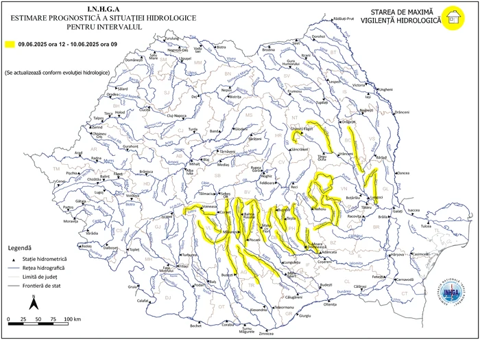 Bazinele hidrografice și râurile vizate de codul galben FOTO: INHGA