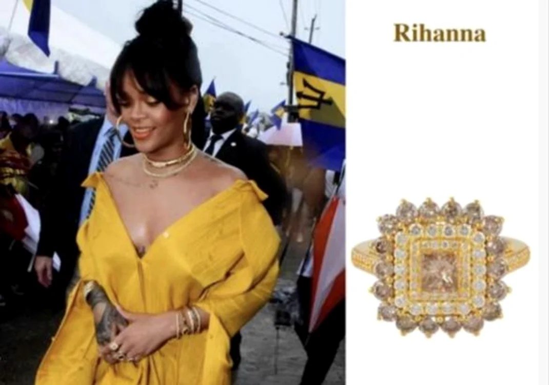 
    Inelul „Azalea” a fost purtat de Rihanna cu ocazia inaugurării bulevardului „Rihanna Drive” în Barbados  