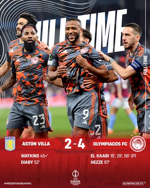 Victorie categorică pentru Olympiakos Pireu, 4-2 cu Aston Villa, în prima manșă a semifinalelor Europa Conference League