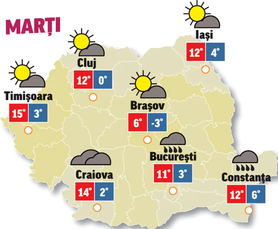 Astăzi se anunță cer acoperit în toată țara, iar spre seară va ploua în unele regiuni, mai ales în cele înalte