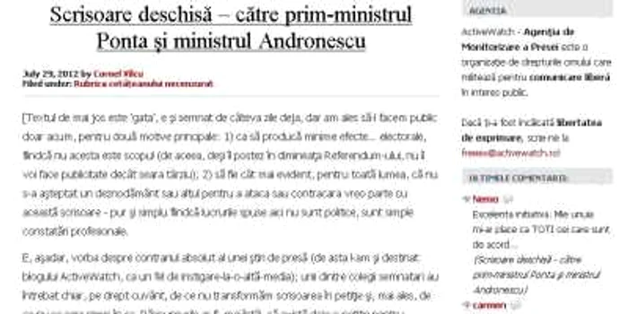 Imagine de pe blogul unde este postată scrisoarea universitarilor