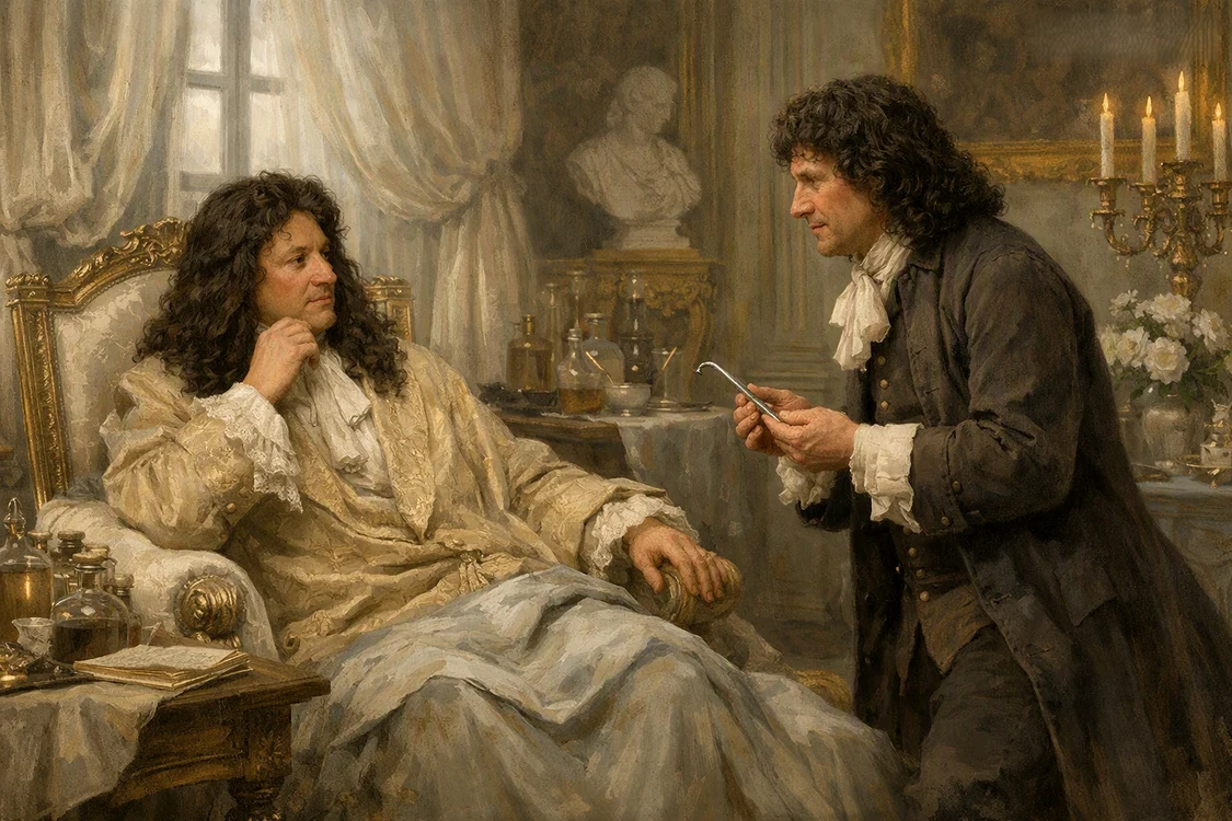 Regele Ludovic al XIV-lea și medicul său, Charles‑François Félix de Tassy. Imagine generată cu AI