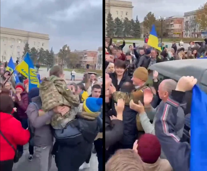 Soldați ucraineni întâmpinați de locuitorii din Herson / Foto: Captură Video