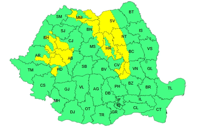 Zonele vizate de atenționarea Cod Galben FOTO ANM