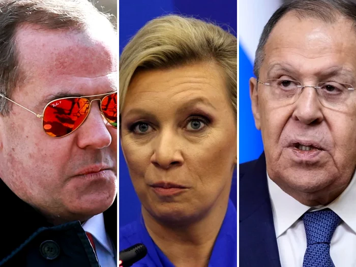 Medvedev, Zaharova și Lavrov/Colaj foto: Mediafax, Profimedia și EPA-EFE