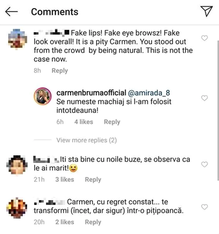 Admiratorii lui Carmen Brumă susțin că aceasta ar fi intervenit la nivelul buzelor din punct de vedere esteticFoto: Instagram