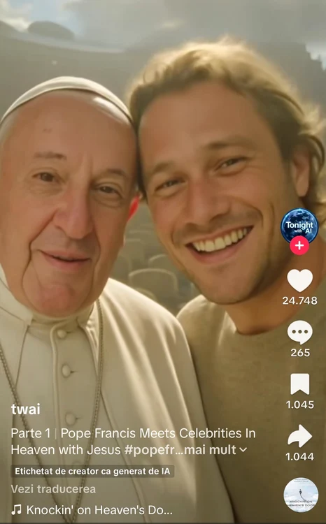 Captură dintr-un clip generat de Inteligența Artificială, în care apar Papa Francisc și Heath Ledger