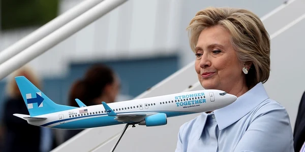 Candidatul democratic la preşedinţia SUA fostul secretar de stat Hillary Clinton priveşte un model la scară redusă a noului avion de campanile la WestChester County Airport în White Plains New York FOTO Guliver / GettyImages / Justin Sullivan