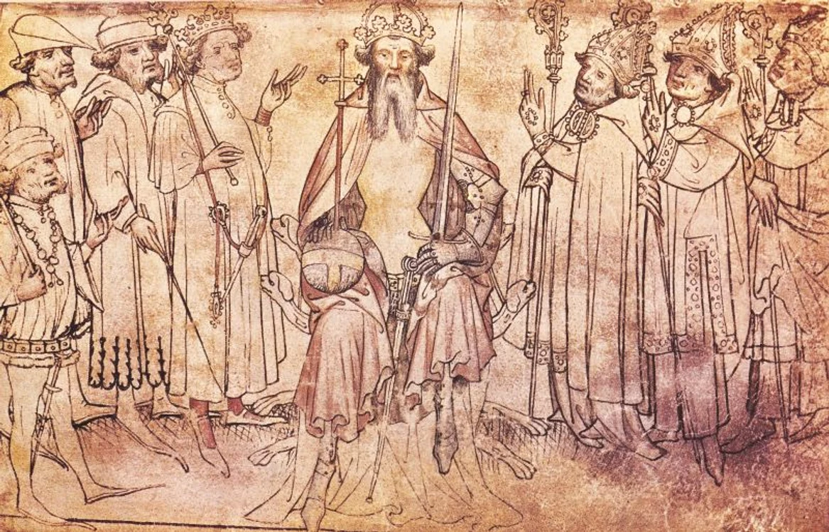 Carol al IV-lea înconjurat de cei şapte prinţi electori (ilustraţie dintr-un manuscris de sec. XIV)
