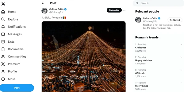 Târgul de Crăciun de la Sibiu în primele poziții ale unui top mondial Sursa Culture Critic Twitter