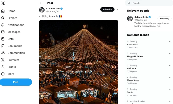 Târgul de Crăciun de la Sibiu în primele poziții ale unui top mondial Sursa Culture Critic Twitter