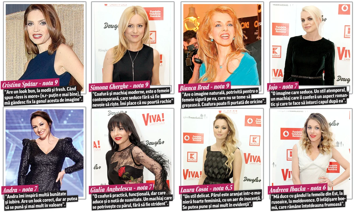 
    Andreea Bănică -  nota 9,5. ”O întâlnire divină între  modă şi mit! O coafură  sexy, la fel ca şi  machiajul. Un look  sofisticat, strălucitor,  proaspăt”  